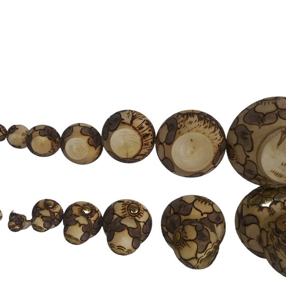 VTG MATRYOSHKA Gold Hand Painted Wood Burned Russian Nesting Dolls Set of 9 - Picture 6 of 12